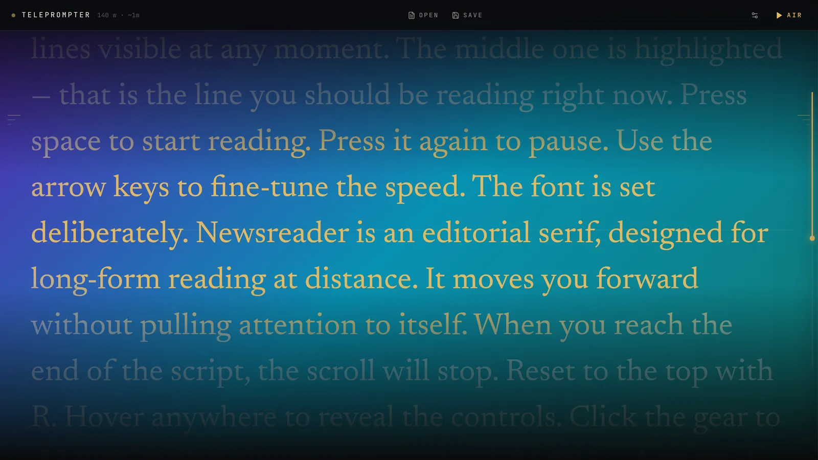 Display mode with large text scrolling and the current lines highlighted in amber