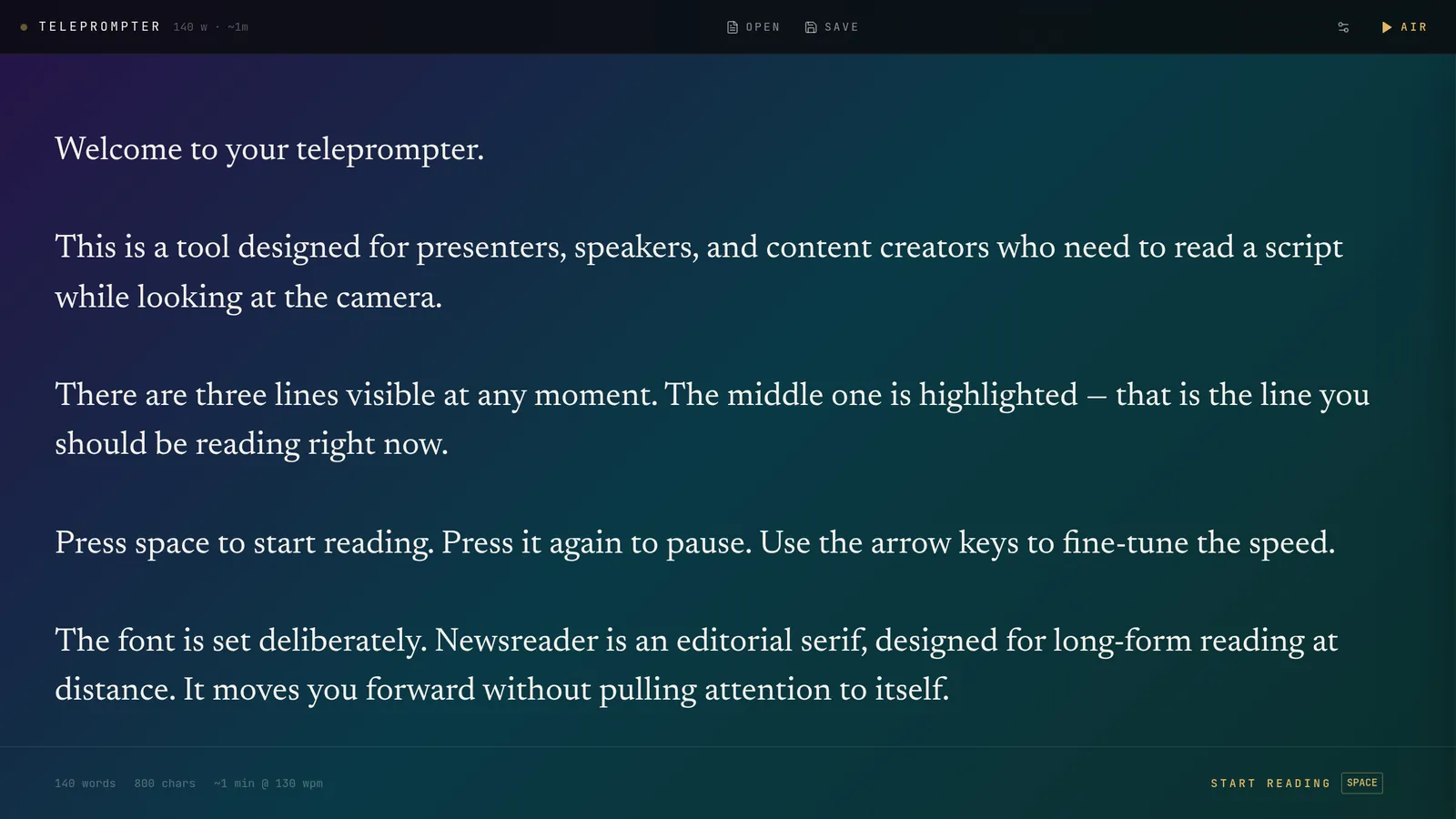 The Teleprompter editor showing a script in a serif font over a purple-to-teal gradient