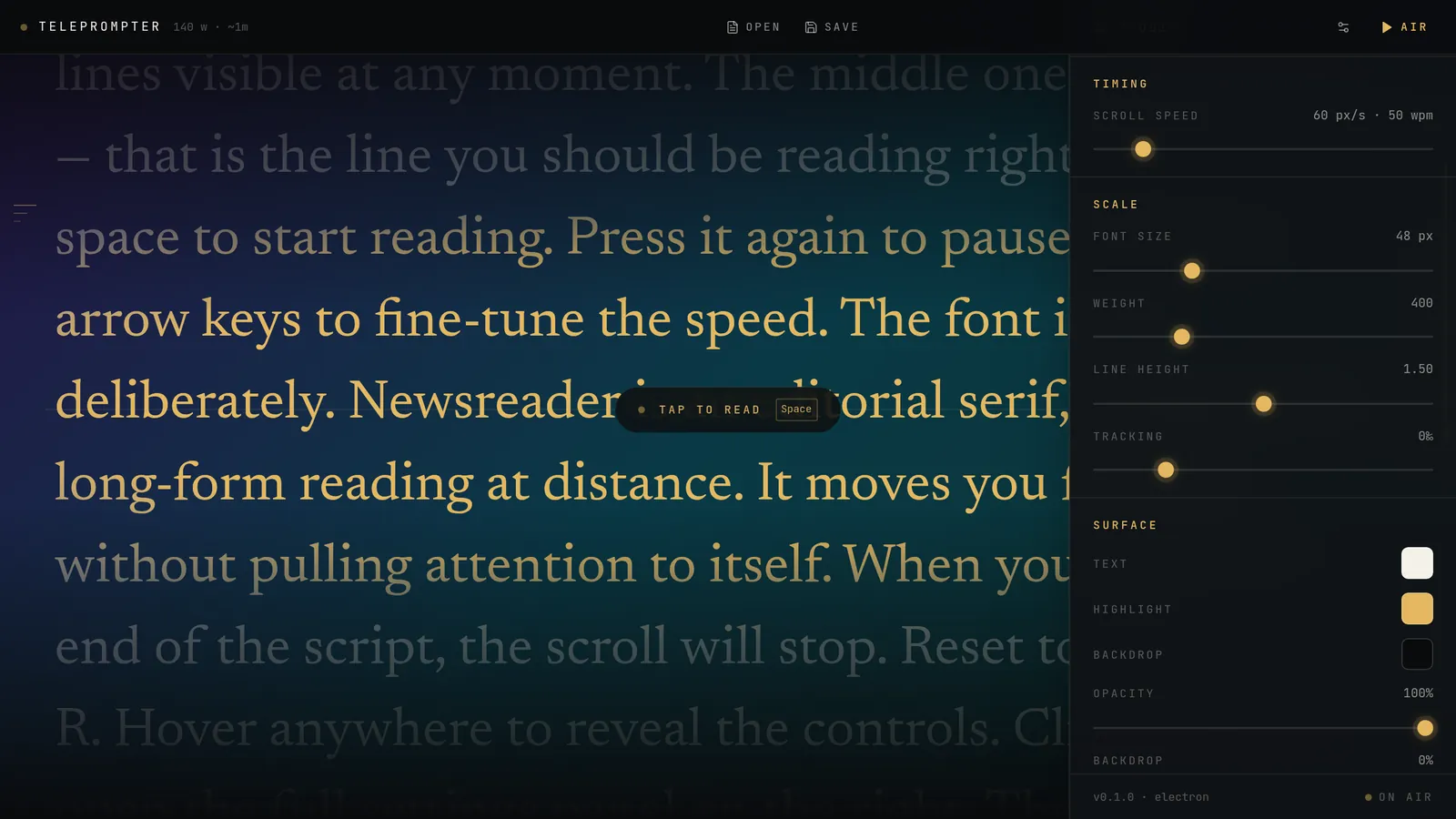 The studio panel with sliders for scroll speed, font size, weight, line height and colour swatches